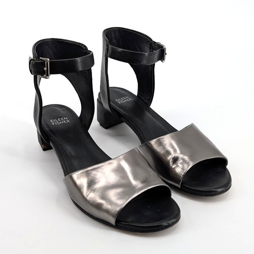 Eileen Fisher Metallic‎ Pewter Black Leather Ankle Strap Block Heel Sandals 8.5